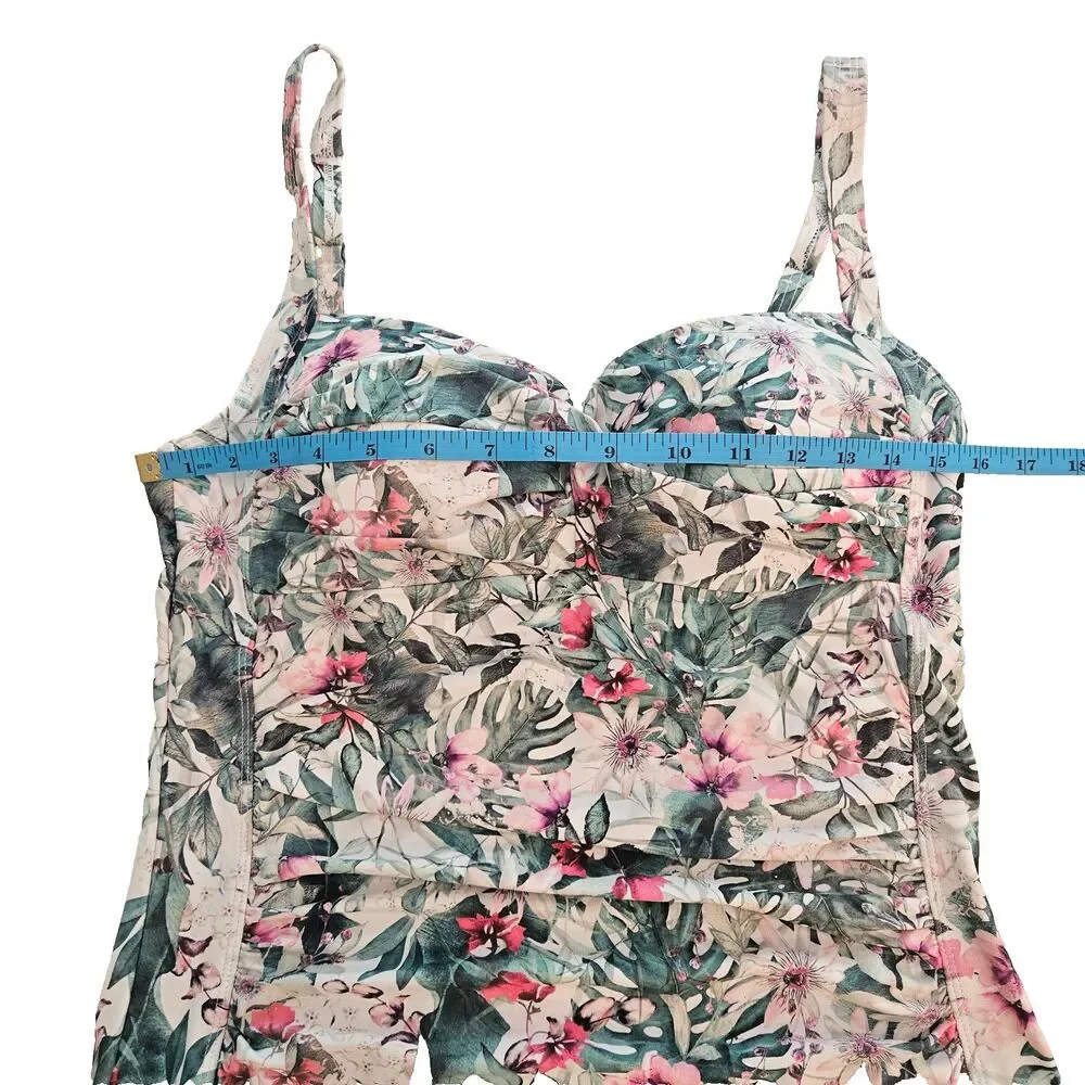 Nip Tuck 1 Piece Swimsuit Sz 10 Floral Side Ruching Adjustable Straps Padded Cup